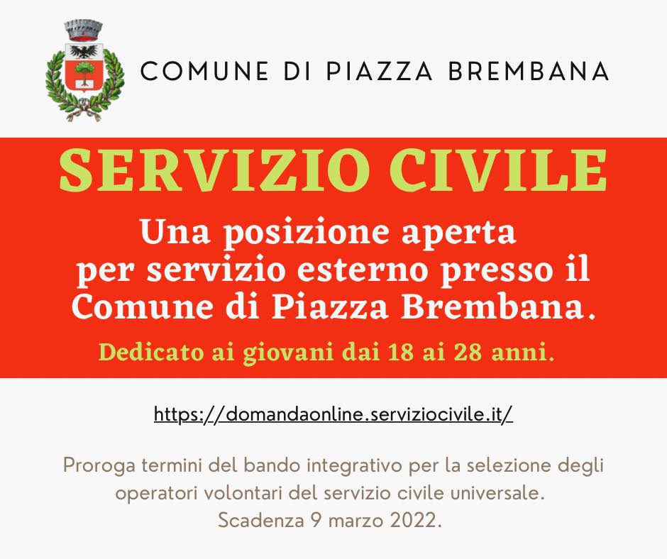 Servizio civile. 
Una posizione aperta. 
Inviare le domande a https://domandaonline.serviziocivile.it/