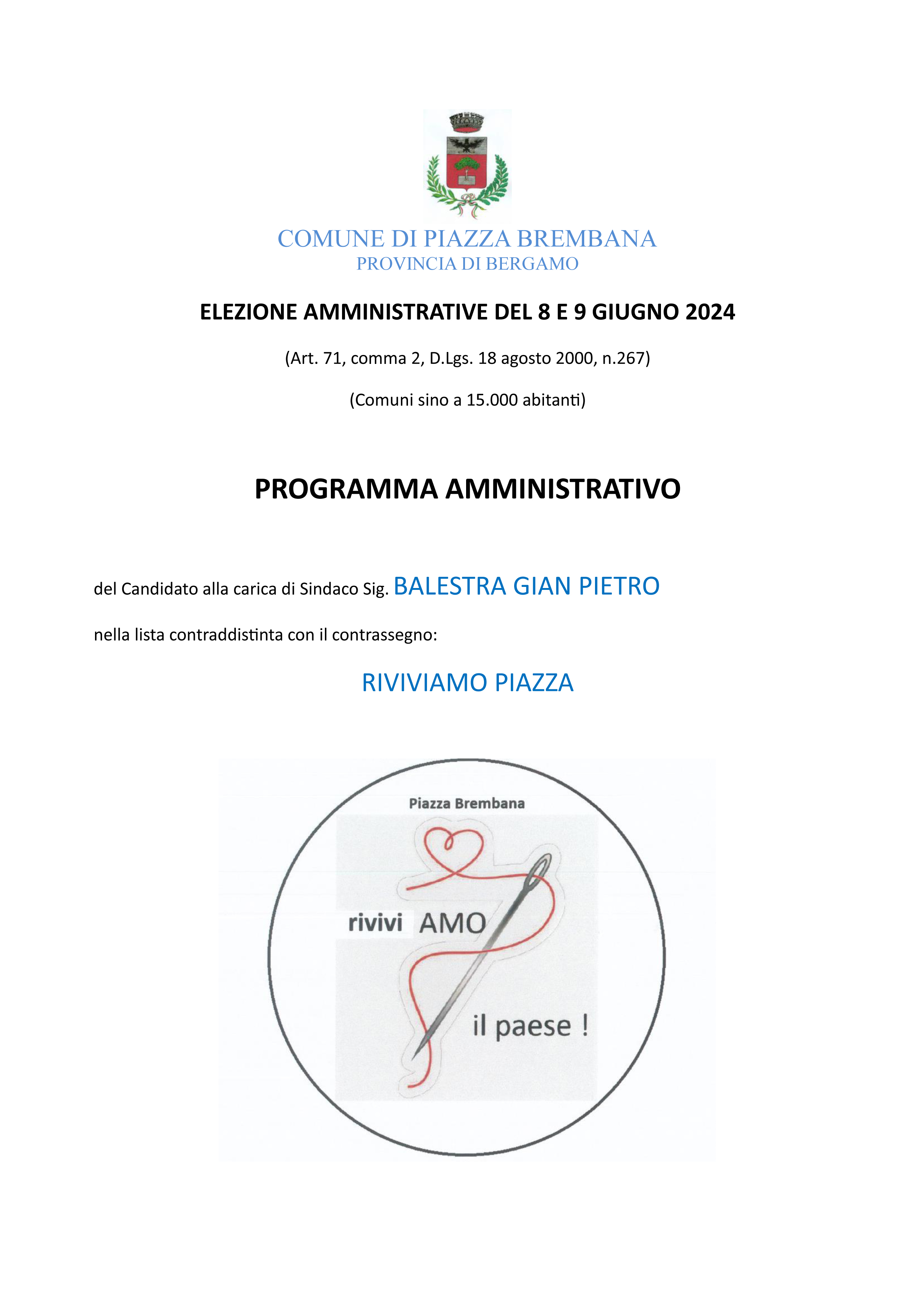 PUBBLICAZIONE PROGRAMMA AMMINISTRATIVO RIVIVIAMO PIAZZA
