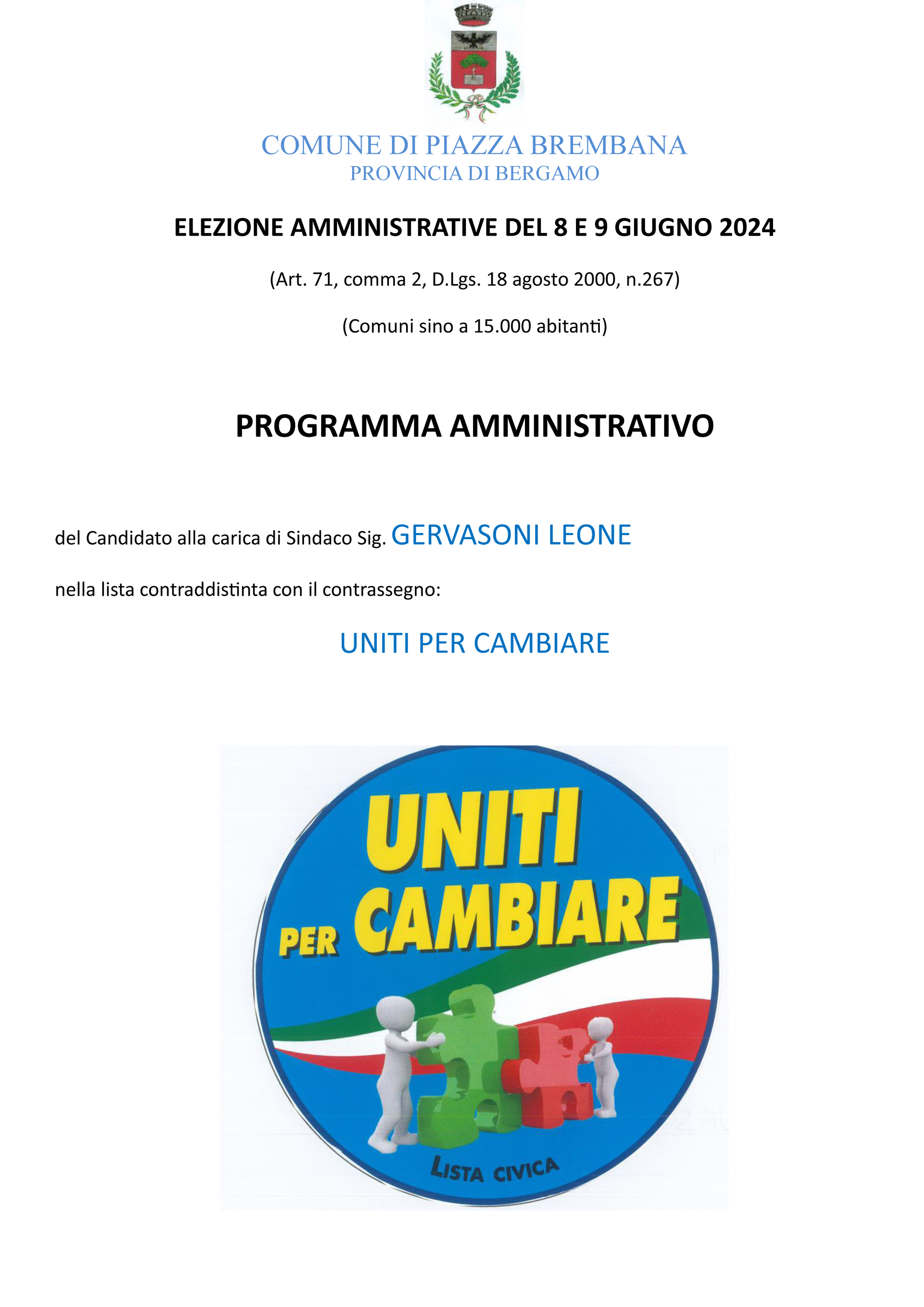 PUBBLICAZIONE PROGRAMMA AMMINISTRATIVO UNITI PER CAMBIARE
